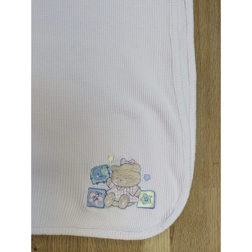 Just Born Pink thermal baby receiving blanket waffle weave teddy bear blocks